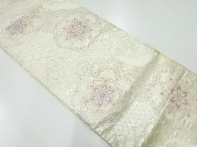 JAPANESE KIMONO / ANTIQUE FUKURO OBI / SILK / WOVEN MICHINAGADORI & FLORAL CREST